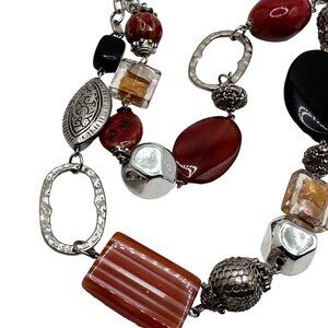 Vintage Chunky Bead Necklace Premier Designs Mixed Stone Red Carnelian Agate 32"